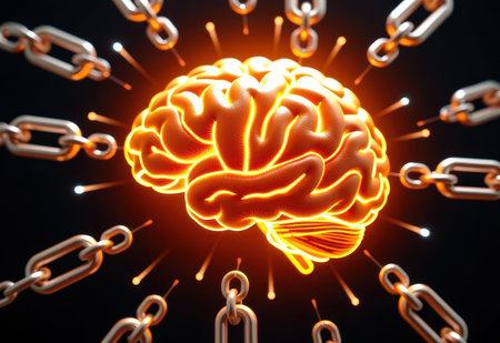 A human brain encased in chains, symbolizing mental health struggles, anxiety, or feeling trapped.の素材