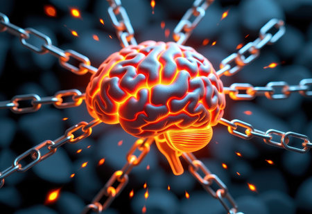 A human brain encased in chains, symbolizing mental health struggles, anxiety, or feeling trapped.の素材