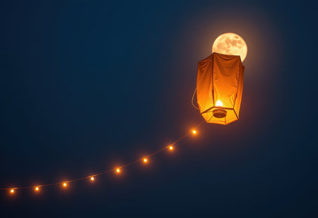 A glowing red Chinese lantern ascends into a night sky illuminated by a full moon and wispy clouds.の素材