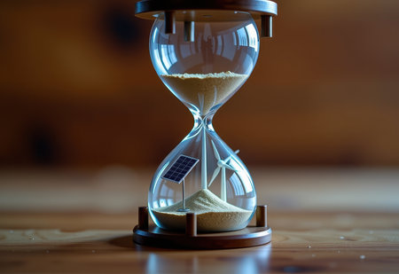 An hourglass filled with sand, miniature solar panels wind turbines and a house, symbolizing the urgency of sustainable energy solutions and a sustainable future.の素材