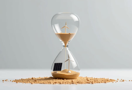 An hourglass filled with sand, miniature solar panels wind turbines and a house, symbolizing the urgency of sustainable energy solutions and a sustainable future.の素材