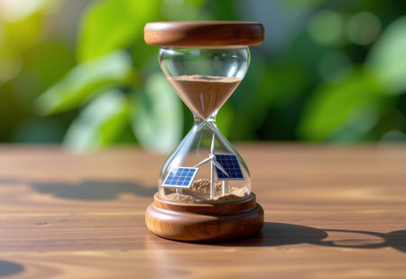An hourglass filled with sand, miniature solar panels wind turbines and a house, symbolizing the urgency of sustainable energy solutions and a sustainable future.の素材