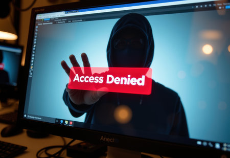 A shadow hacker in front of a computer screen displaying "Access Denied" in red text, representing cybersecurity threats and hacking.の素材