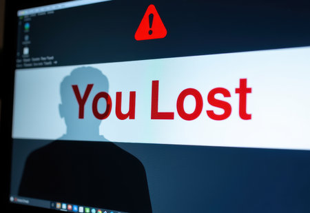 A man figure stares intently at a computer screen displaying a stark red "You Lost" message amidst lines of code, evoking a sense of tension and potential defeat in a cyber-security scenario.の素材
