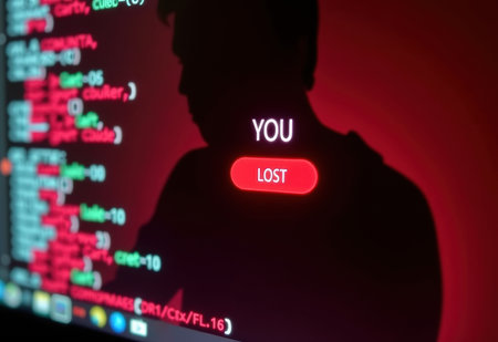 A man figure stares intently at a computer screen displaying a stark red "You Lost" message amidst lines of code, evoking a sense of tension and potential defeat in a cyber-security scenario.の素材
