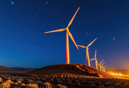 Wind turbines silhouetted against a breathtaking night sky filled with stars  symbolizing renewable energy and sustainable power generation.の素材
