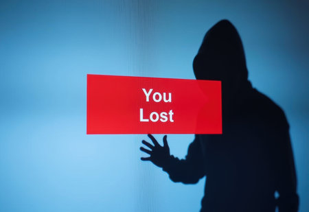 A man figure stares intently at a computer screen displaying a stark red "You Lost" message amidst lines of code, evoking a sense of tension and potential defeat in a cyber-security scenario.の素材