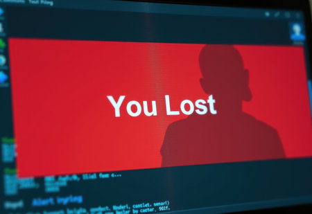 A man figure stares intently at a computer screen displaying a stark red "You Lost" message amidst lines of code, evoking a sense of tension and potential defeat in a cyber-security scenario.の素材