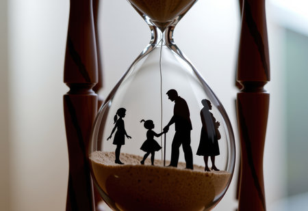 Silhouette of family with child in hourglass. Time conceptの素材