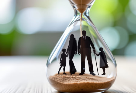 Silhouette of a family in a hourglass on a blurred backgroundの素材