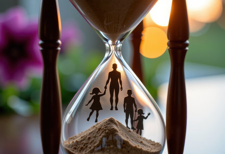 Family time concept. Silhouette of mother, father and children inside hourglassの素材