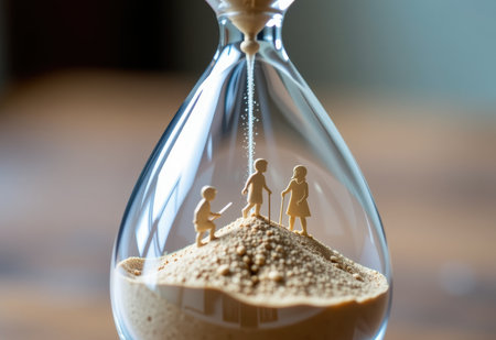 Hourglass with family inside. Concept of time and family values.の素材