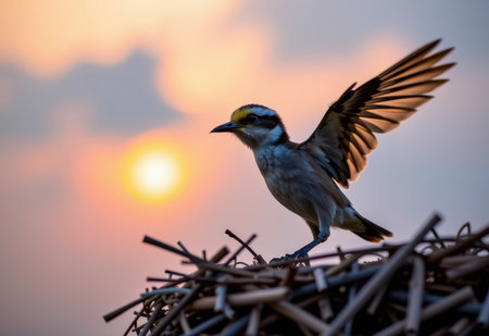 A baby bird perched on the edge of its nest, ready to take its first flight, symbolizing hope, new beginnings, and courage.の素材