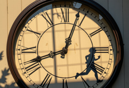 A People running while holding a large clock symbolizing the race against timeの素材
