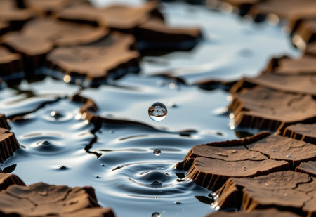 The image showcases a stark contrast between life and desolation A single, glistening water droplet falls onto the surface of a cracked and parched earth.の素材