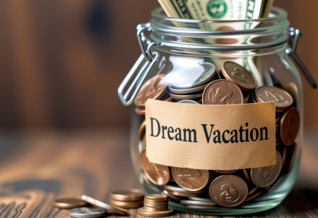 A glass jar filled with coins, labeled "Dream Vacation," symbolizing saving for travel and achieving travel goals.の素材