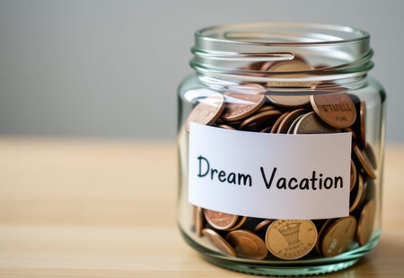 A glass jar filled with coins, labeled "Dream Vacation," symbolizing saving for travel and achieving travel goals.の素材