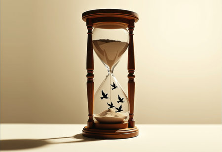 A surreal concept image of an hourglass with a bird trapped inside symbolizing time freedom and the passage of lifeの素材