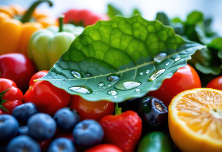 A vibrant collection of fresh, colorful vegetables and berries including tomatoes on a green leaf, suggesting freshness and vitality.の素材
