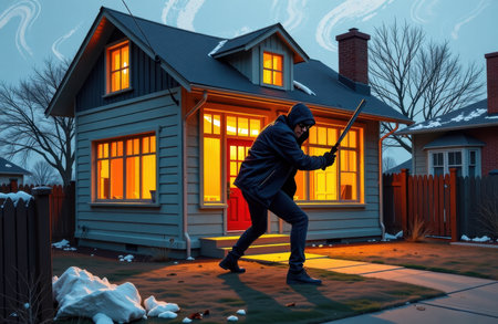 A cartoon-style thief sneaking into a house earing a black mask, striped sweater, and gloves. The character moves cautiously with a flashlight in hand, creating a suspenseful yet humorous atmosphere.の素材