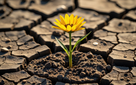 A resilient flower blooming from dry, cracked soil symbolizing hope, perseverance, and survival in harsh conditionsの素材