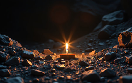 A single lit candle standing alone on the ground, casting a warm and soft glow in the darkness. This image symbolizes hope, solitude, meditation, remembrance, and spiritual connection.の素材