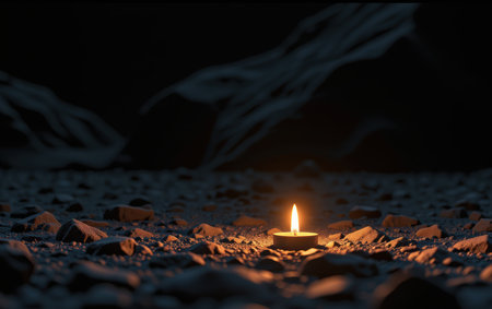 A single lit candle standing alone on the ground, casting a warm and soft glow in the darkness. This image symbolizes hope, solitude, meditation, remembrance, and spiritual connection.の素材