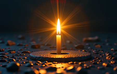 A single lit candle standing alone on the ground, casting a warm and soft glow in the darkness. This image symbolizes hope, solitude, meditation, remembrance, and spiritual connection.の素材