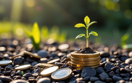 A small green plant sprouting from a pile of golden coins, symbolizing financial growth, investment, prosperity, and economic success.の素材