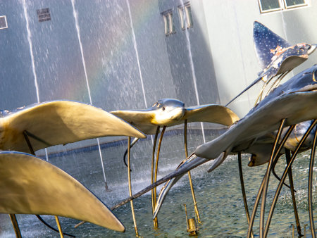A captivating urban scene featuring sleek metal stingray sculptures gracefully swimming in a water fountain. The sunlight creates a mesmerizing effect on the water spray.の写真素材