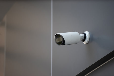 Close-up view of a security camera mounted on a wall, focusing on its design and functionality. This image highlights the importance of surveillance in modern safety systems.の写真素材