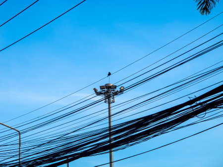 A striking view of power lines crossing a clear blue sky, with a solitary bird perched on a lamp post, representing the intersection of nature and infrastructure.の写真素材