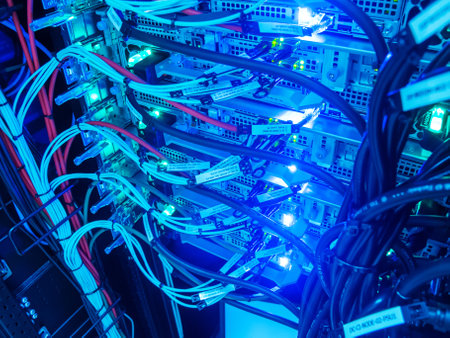 Close-up of a server rack showcasing colorful cables and glowing blue LED lights, highlighting the complexity of modern data center technology and networking systems.の写真素材
