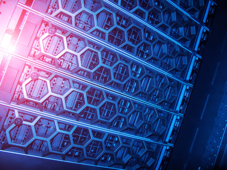 Explore an advanced data center showcasing high-tech servers arranged in a modern design with blue lighting, emphasizing connectivity and digital solutions.の写真素材