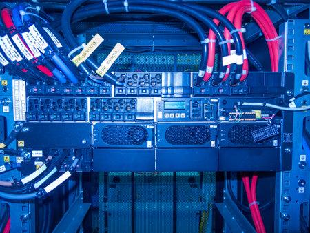 Detailed view of a server rack showcasing colorful cables and connectors. Ideal for concepts related to technology, data management, and network infrastructure.の写真素材