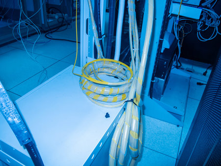 A visually striking view of coiled cables in a data center, illuminated by blue lighting, showcasing...