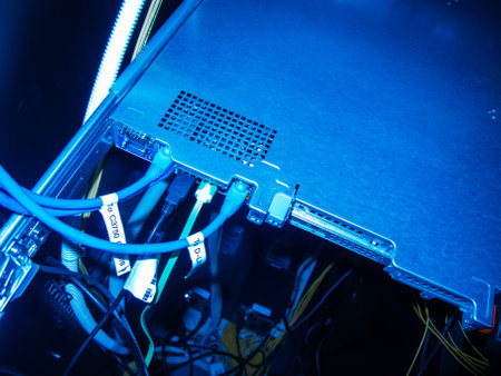 This image shows a close-up view of networking cable connections in a server rack, illuminated by blue light. It highlights modern technology and infrastructure.の写真素材