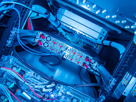 A captivating view of a high-tech server rack showcasing advanced networking equipment and organized cables, illustrating modern technology in a server room setting.の写真素材