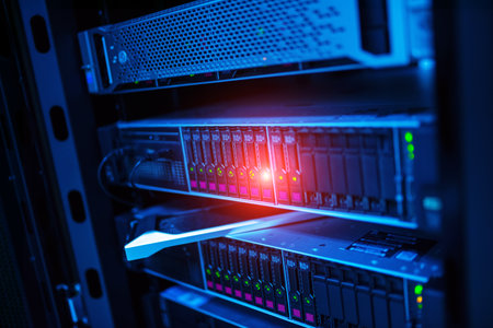 A detailed view of server infrastructure showcasing a data center with blue lighting. The image illustrates the essential components of modern IT systems and their functionality.の写真素材