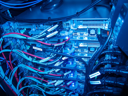 This image showcases a blue-toned view of a server rack filled with intricate wiring and circuit boards. It highlights technology infrastructure essential for data management.の写真素材