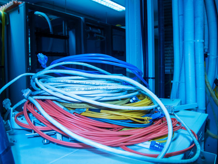 A vibrant image showcasing a chaotic pile of electrical wires illuminated by blue light,...