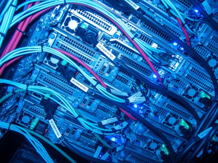 A close-up view of a server room featuring network equipment and colorful cables. The blue lighting enhances the technological atmosphere and complexity.の写真素材