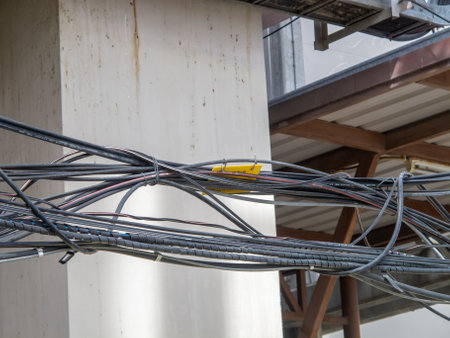 Closeup view of tangled wires and cables on urban infrastructure, showcasing their complex arrangement amidst structural support beams. Ideal for urban design themes.の写真素材