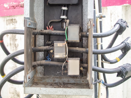 Close-up view of an electrical junction box featuring wires and connectors. This image highlights the essential components used in maintaining electrical systems.の写真素材