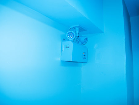 This image showcases a blue wall light featuring dual spotlights within a modern interior space, creating a vibrant and stylish ambiance for contemporary decor.の写真素材