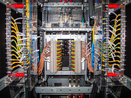 A detailed view of a data center cabinet showcasing vibrant cables and wires meticulously organized for efficient communication and power management.の写真素材