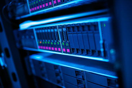 This close-up image showcases a modern data server rack featuring LED indicators. The intricate...