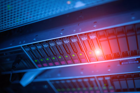 An up-close shot of a modern server rack showcasing hard drives with illuminated LED indicators. The...