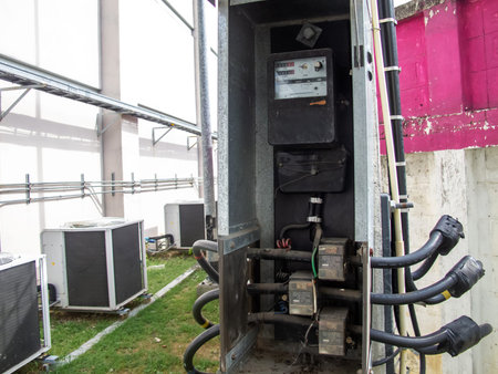 Detailed view of an electrical meter and its connections in an outdoor utility box, showcasing...