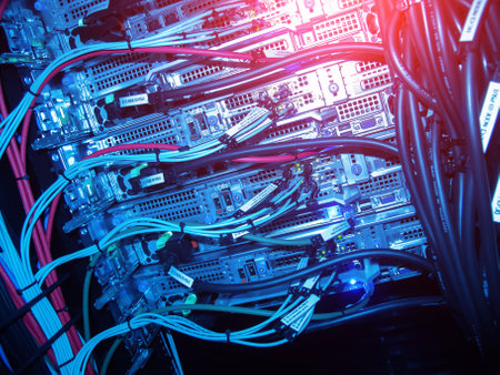 Close-up view of colorful cables organized in a server rack, showcasing network equipment and technology. Ideal for illustrating digital infrastructure and data management.の写真素材